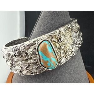 Vintage Southwestern Cuff Chunky Silver Tone Blue  6.5"
